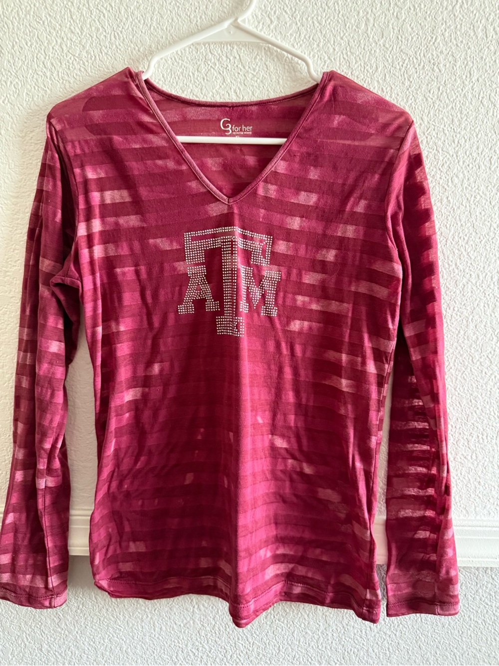 Texas A&M Maroon Striped Long-Sleeve V-Neck Top with Rhinestone Logo